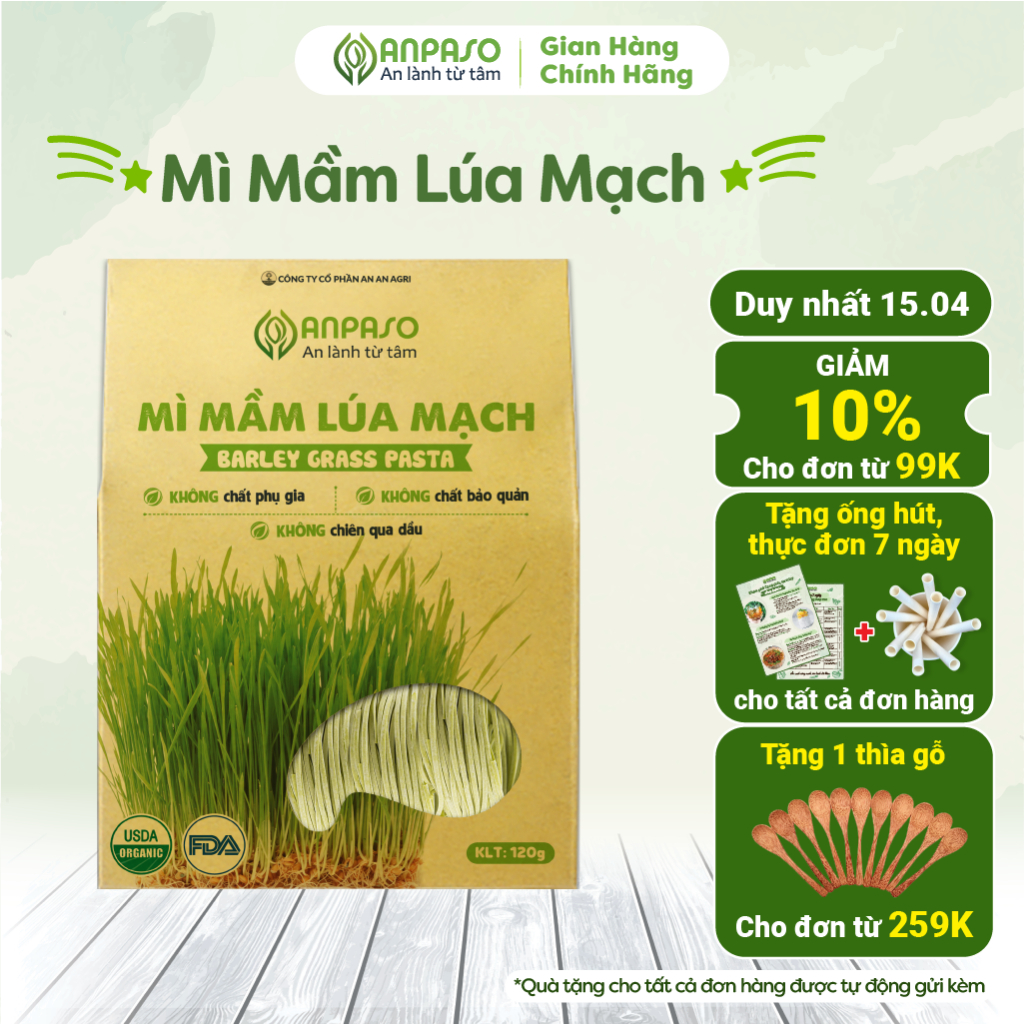 Mì Rau Organic Mầm Lúa Mạch Hữu Cơ Anpaso, Eat Clean, Giảm Cân, Ăn Chay, Ăn Kiêng, Không Chiên Nóng 120g