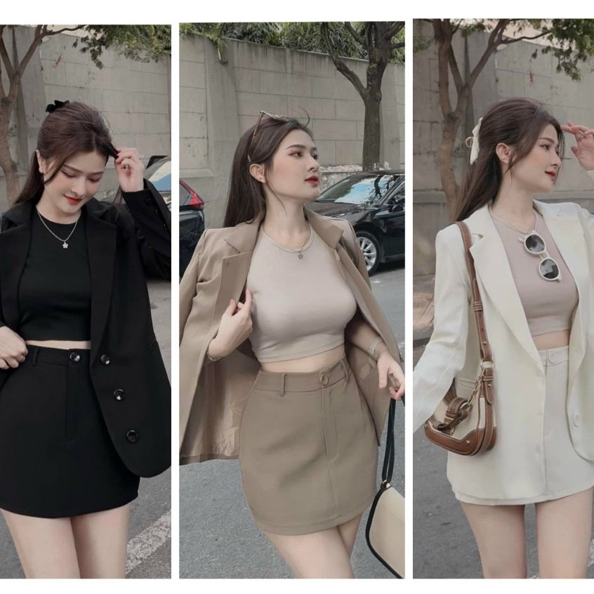 Set bộ đồ nữ 3 món áo blazer khoác ngoài kèm áo sát nách mix chân váy chữ A thời trang trẻ trung sang chảnh