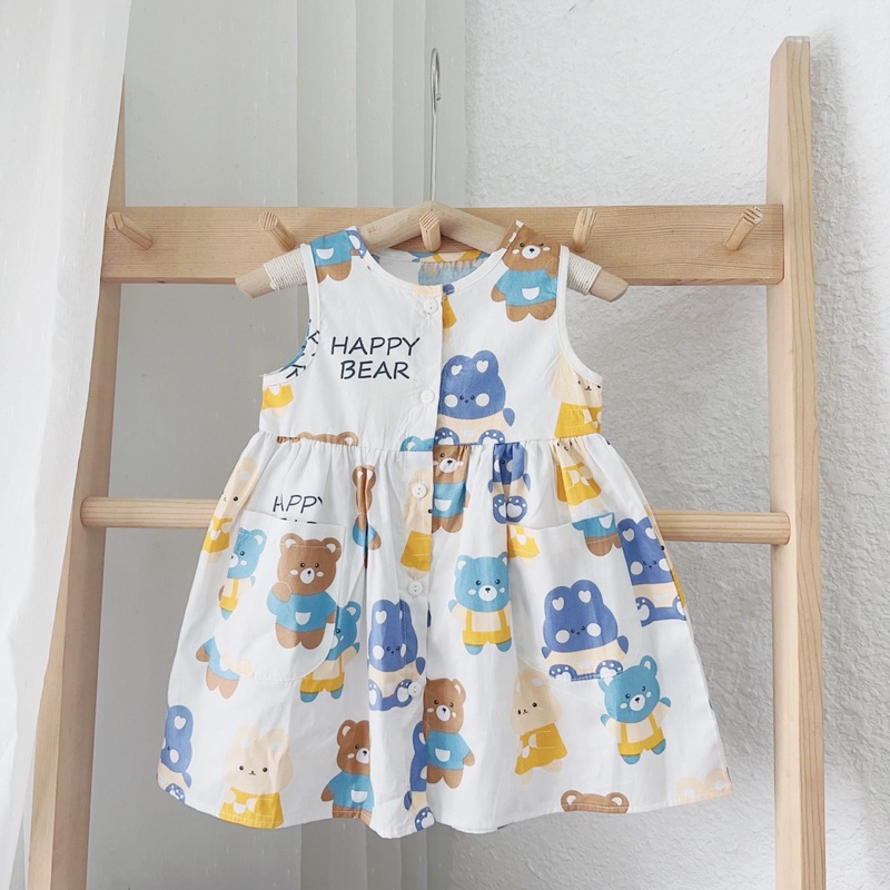 Váy sát nách cổ tròn khuy trước hoạ tiết đáng yêu cho bé gái