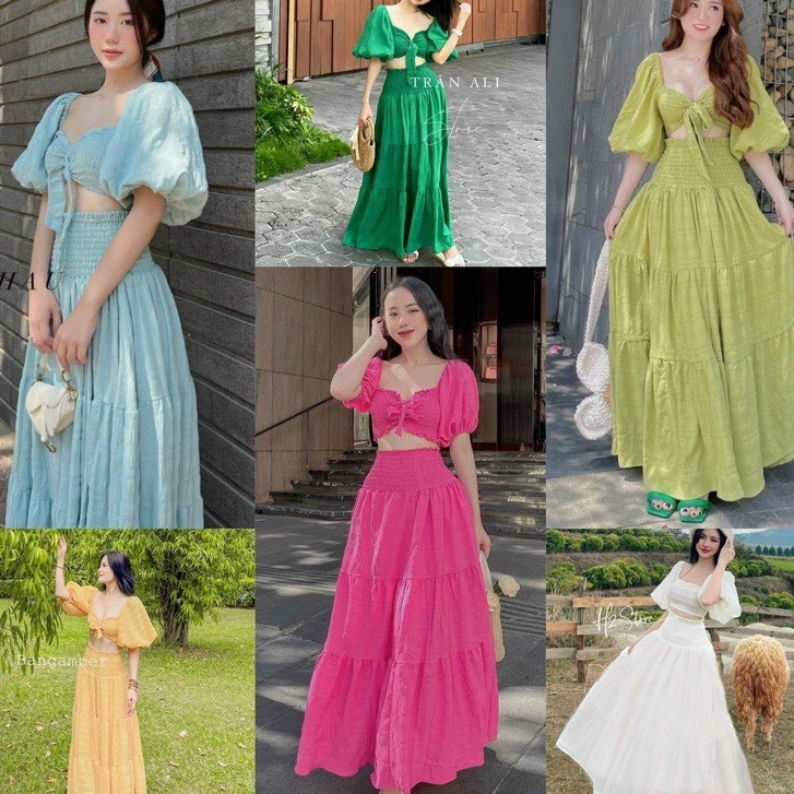 Đầm váy dáng dài xinh xắn đi biển mix áo cách điệu tay bồng dành cho các nàng đi chơi du lịch sang chảnh