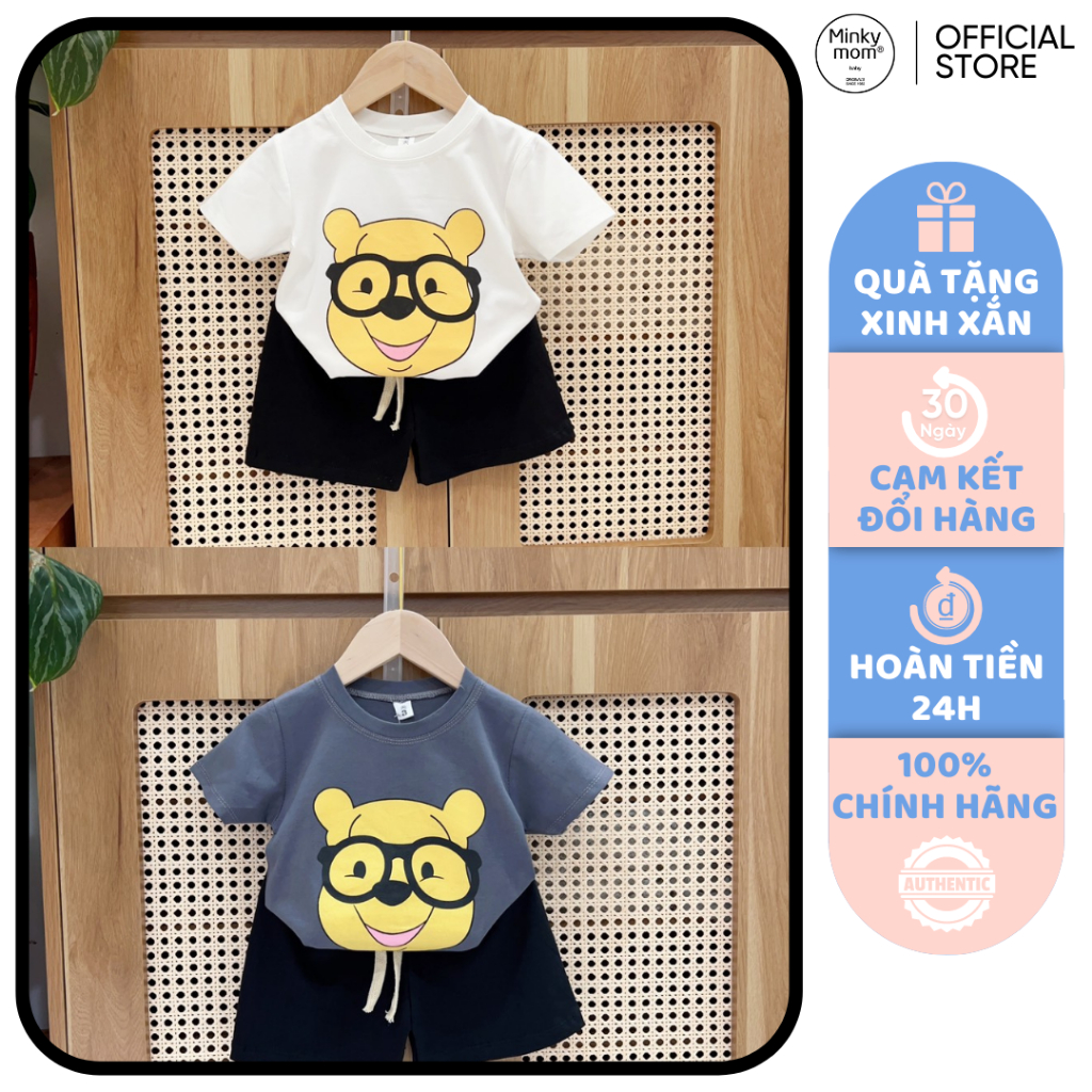 Đồ Bộ Bé Trai, Bé Gái Vải Cotton Mềm Mát In Hình Gấu Pooh Đeo Kính, Bộ Cộc Tay Cho Bé Mặc Đi Chơi Đi Học CK332