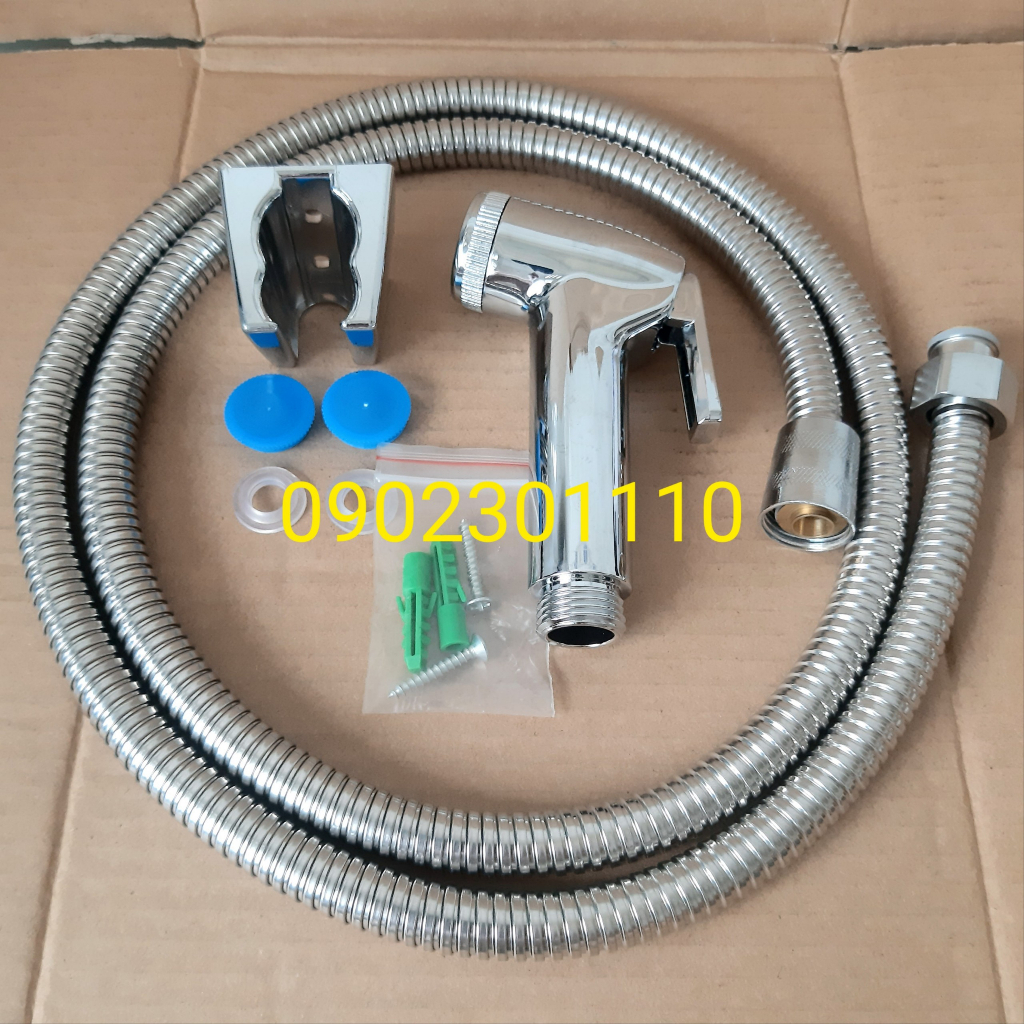 Trọn bộ vòi xịt vệ sinh, đầu vòi xịt tay cò mạ crom, dây cấp nước vỏ thân xoắn inox304, gác cài, ốc vít