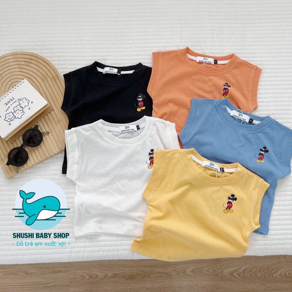 Áo tanktop ba lỗ bé trai, bé gái cotton mềm mịn, họa tiết chuột mickey, thêu gấu nhiều màu cực xinh SHUSHI
