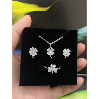 Set dây chuyền, nhẫn, bông tai cỏ may mắn xi bạch kim - Bạc 925 xi bạch kim