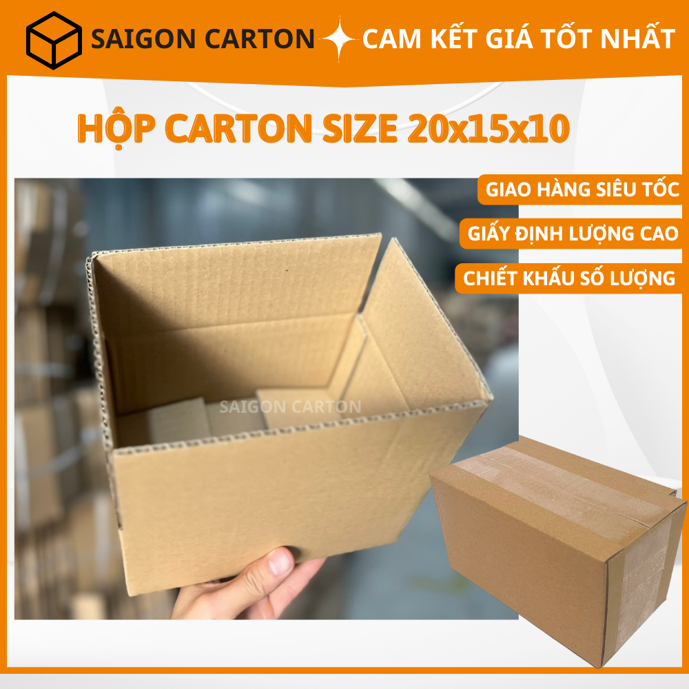 Thùng giấy carton đóng gói hàng online size 20x15x10 cm, sản xuất bởi SÀI GÒN CARTON