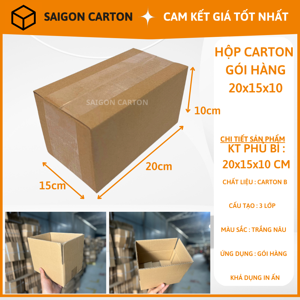 Thùng giấy carton đóng gói hàng online size 20x15x10 cm, sản xuất bởi SÀI GÒN CARTON