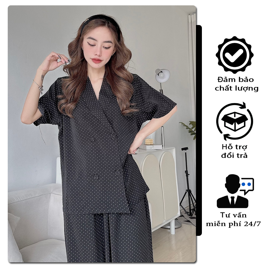 Đồ ngủ mặc nhà cổ vest, đồ bộ pijama nữ tay ngắn quần dài lụa Mango đen chấm bi