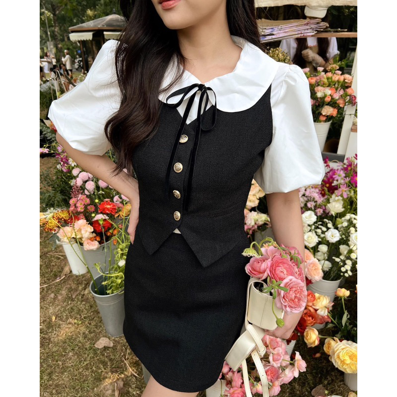 Set áo sơ mi gile và chân váy siêu xinh