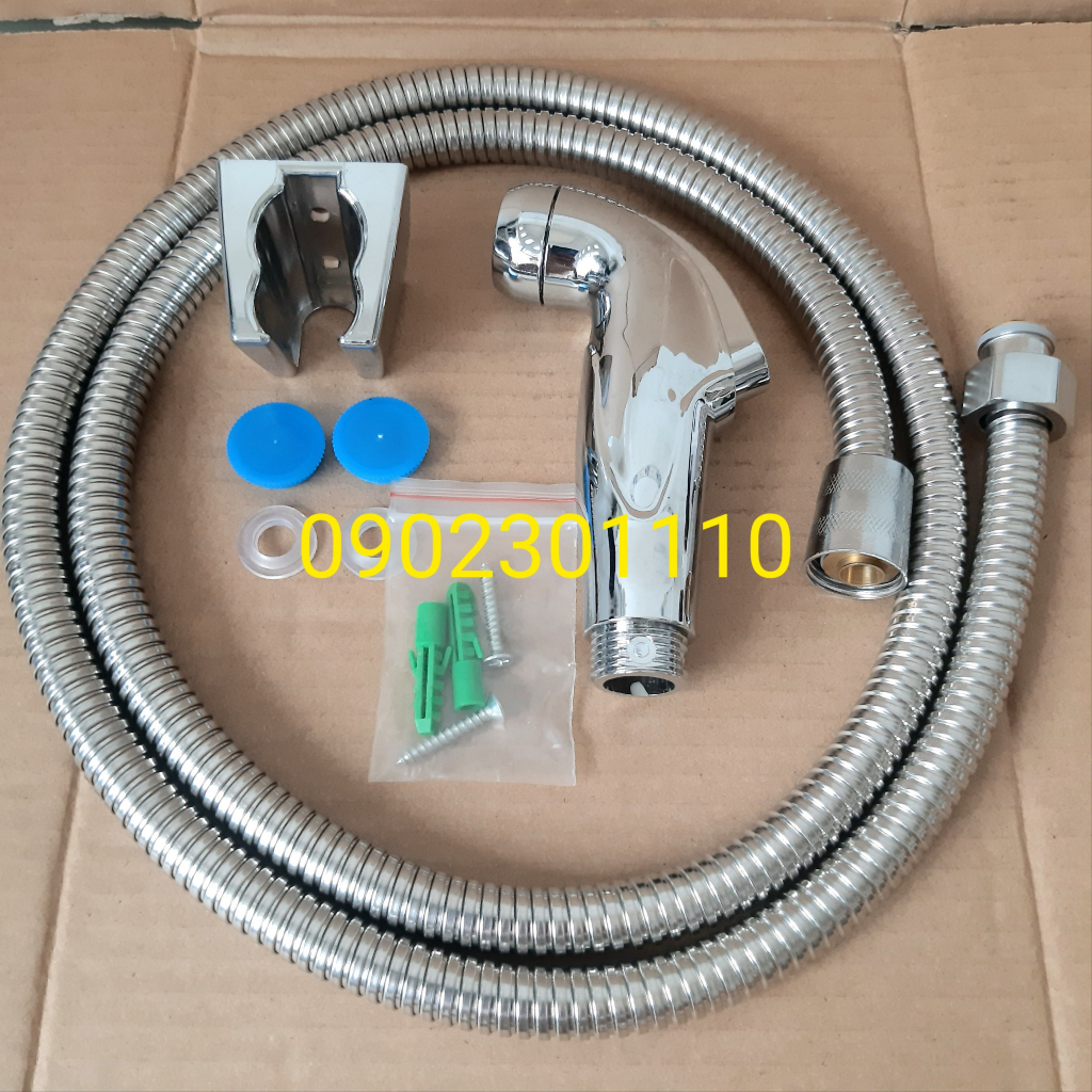Trọn bộ vòi xịt vệ sinh, đầu vòi xịt mạ crom dáng cá heo, dây cấp nước vỏ thân xoắn inox304, gác cài, ốc vít, tắc kê