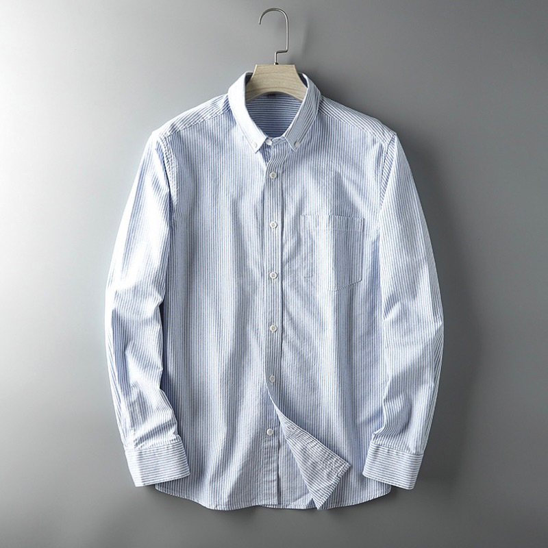 Áo sơ mi Oxford mặc hè tay dài, cổ button down, trẻ trung dáng suông có 2 màu (kẻ xanh/trắng) đủ size