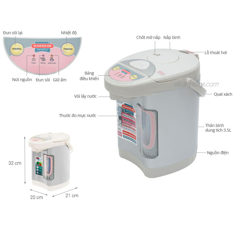Bình thủy điện Sunhouse dung tích 3,5 lít SHD1535, bảo hành 12 tháng toàn quốc