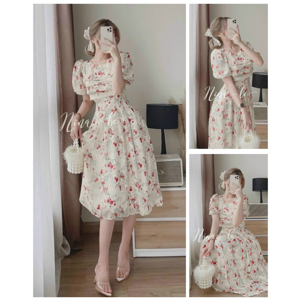 Đầm voan hai lớp họa tiết hoa xinh xắn mix tay áo bồng nhẹ nhàng váy xòe dáng dài xinh xắn dành cho các nàng