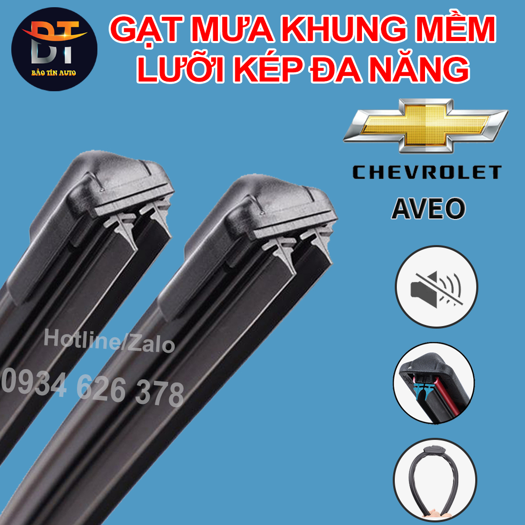 [LƯỠI KÉP] Bộ gạt mưa lưỡi kép cao cấp CHEVROLET AVEO, thanh cần gạt nước mưa 2 lưỡi khung mềm đa năng, gạt kính ô tô