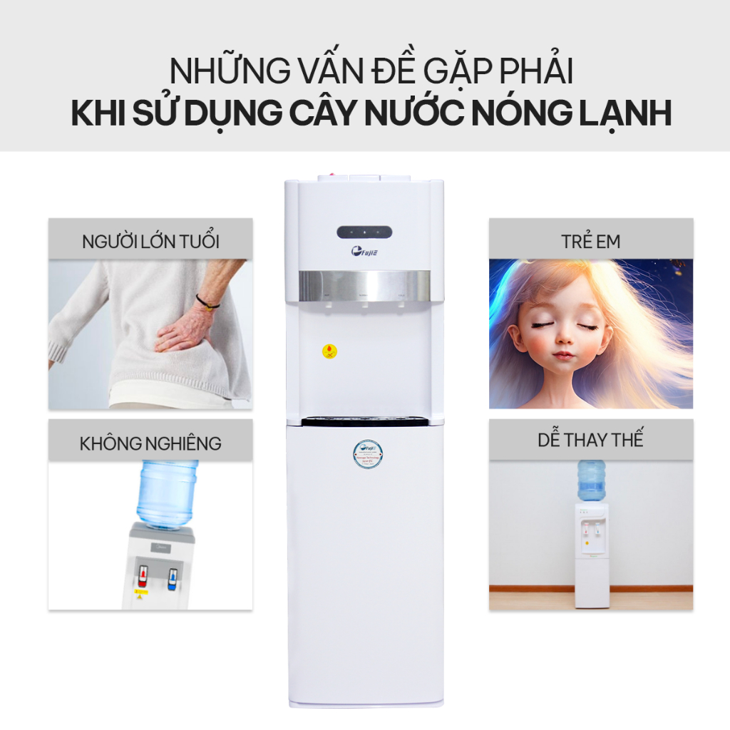 Cây nước nóng lạnh FujiE WD6500C làm lạnh sâu bằng máy nén (Block), bầu đun nước nóng inox an toàn sức khỏe