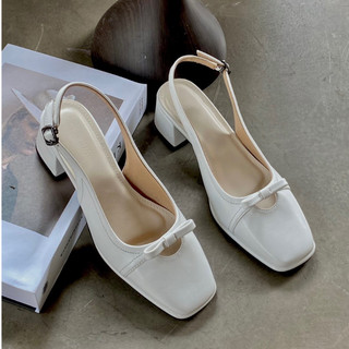 Giày gót vuông - giày sandal slingback mũi vuông nơ xinh xắn cao 5p