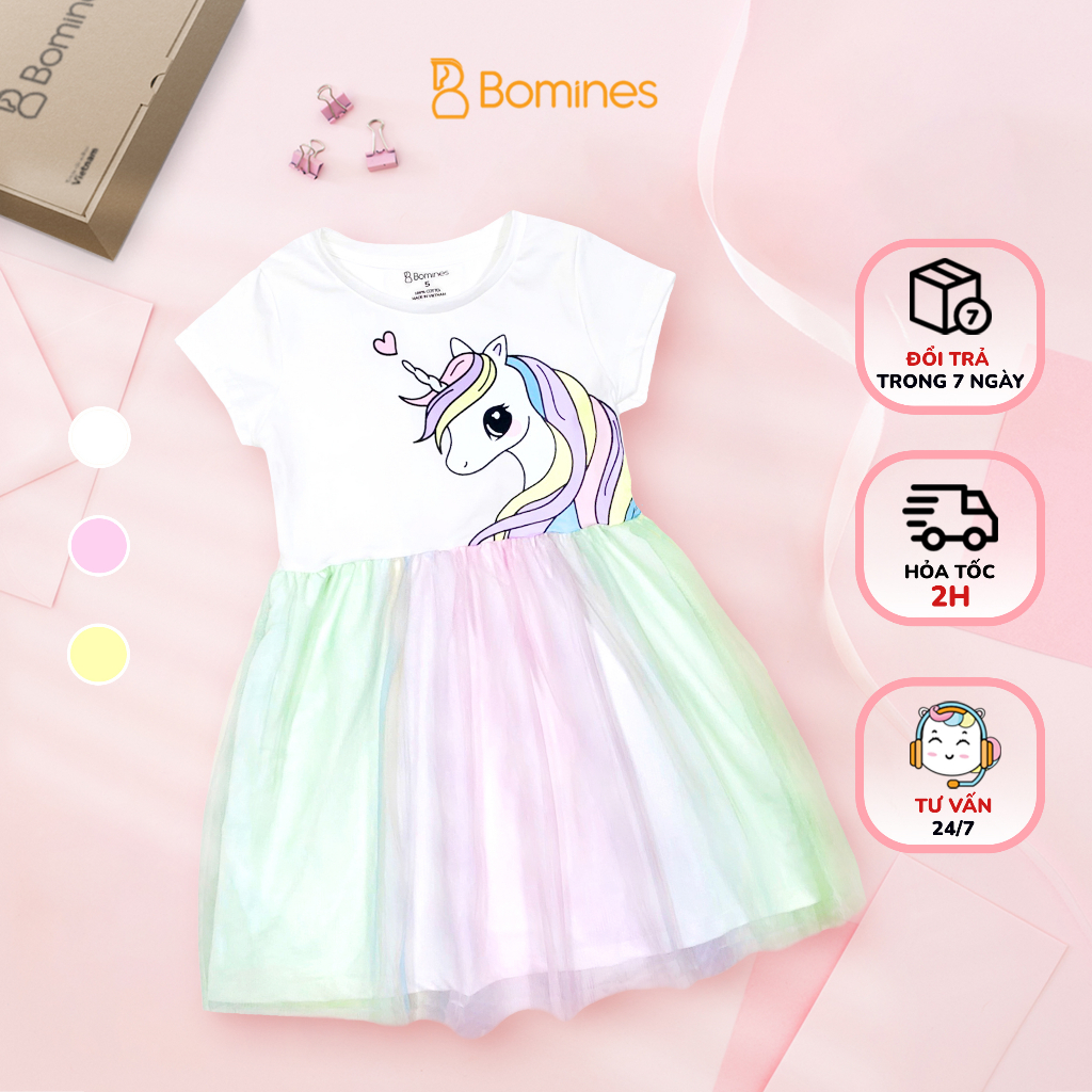 Váy cho bé gái Unicorn Bomines, Đầm dự tiệc phối lưới ngọt ngào cho bé gái từ 3-12 tuổi khoảng 14-36kg DTNUNICORNTRAITIM