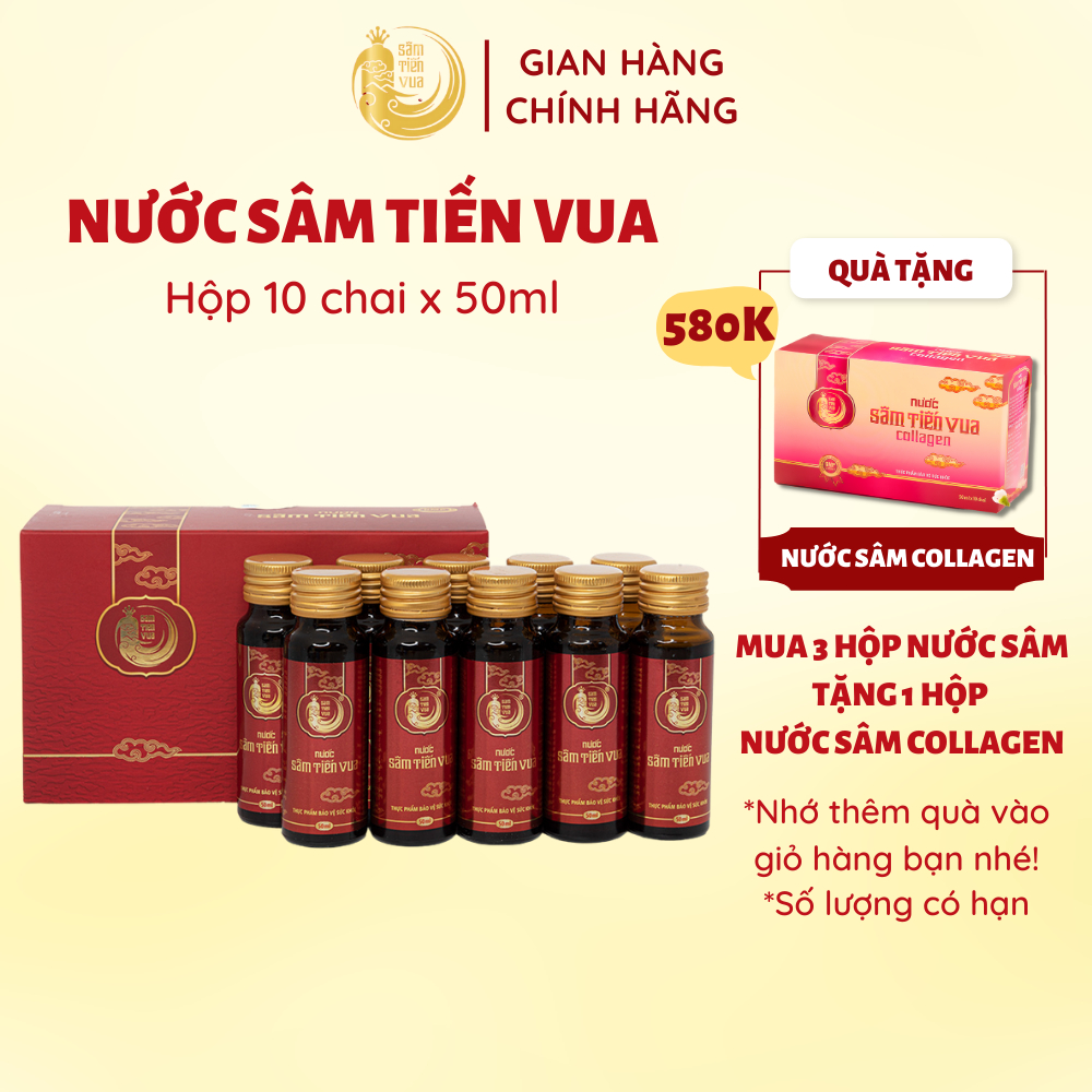 Nước Sâm Tiến Vua, Hộp 10 Chai (50ml), Thức Uống Sức Khỏe Cao Cấp, Chiết Xuất Sâm Bố Chính, Hồng Sâm Và 3 Vị Thảo Mộc