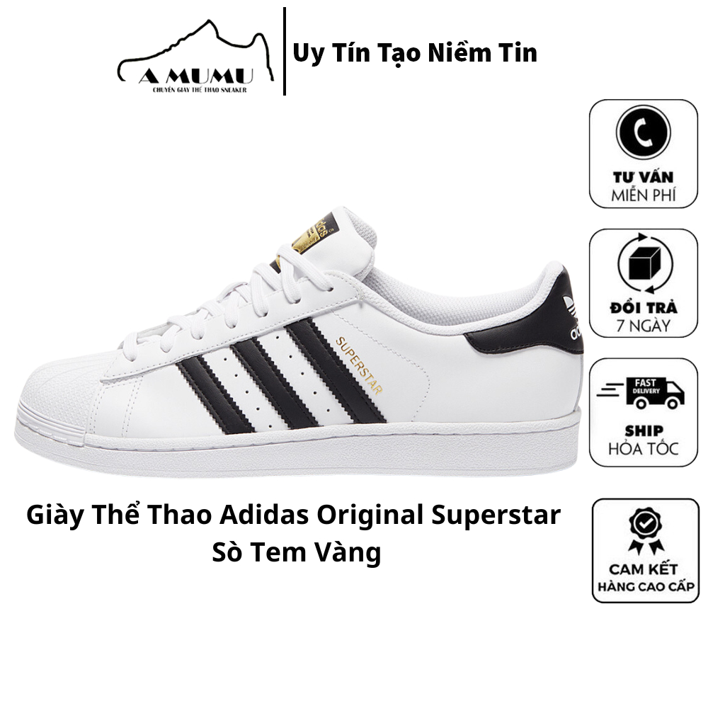 Giày Thể Thao Nam Nữ Adidas Mũi Sò Trắng 3 Sọc Đen Tem Vàng - Giày Adidas Super Star Tem Vàng Full Box
