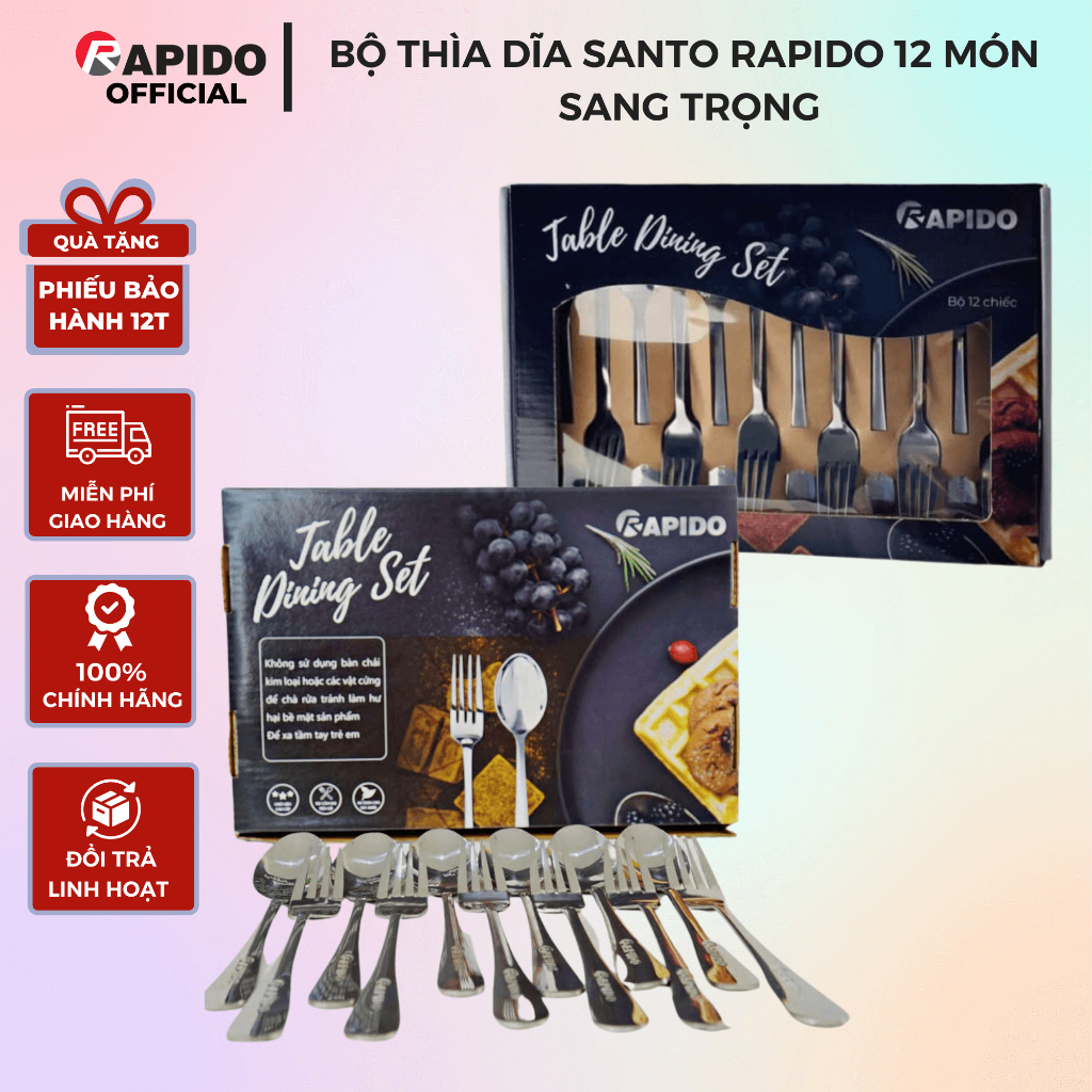 Bộ thìa dĩa Santo Rapido gồm 12 món sang trọng, Thìa dĩa inox cao cấp, bảo hành chính hãng 12 tháng