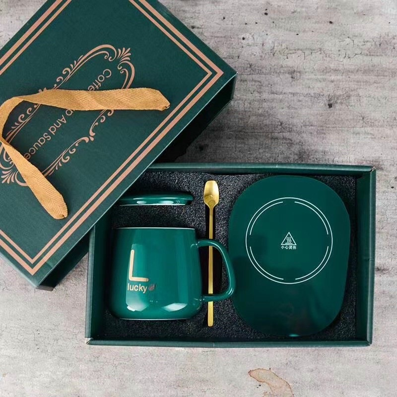 Cốc Hâm Nóng LucKy. Bộ ly sứ kèm đế điện hâm nóng trà, cafe, sữa + Tặng kèm thìa  cao cấp