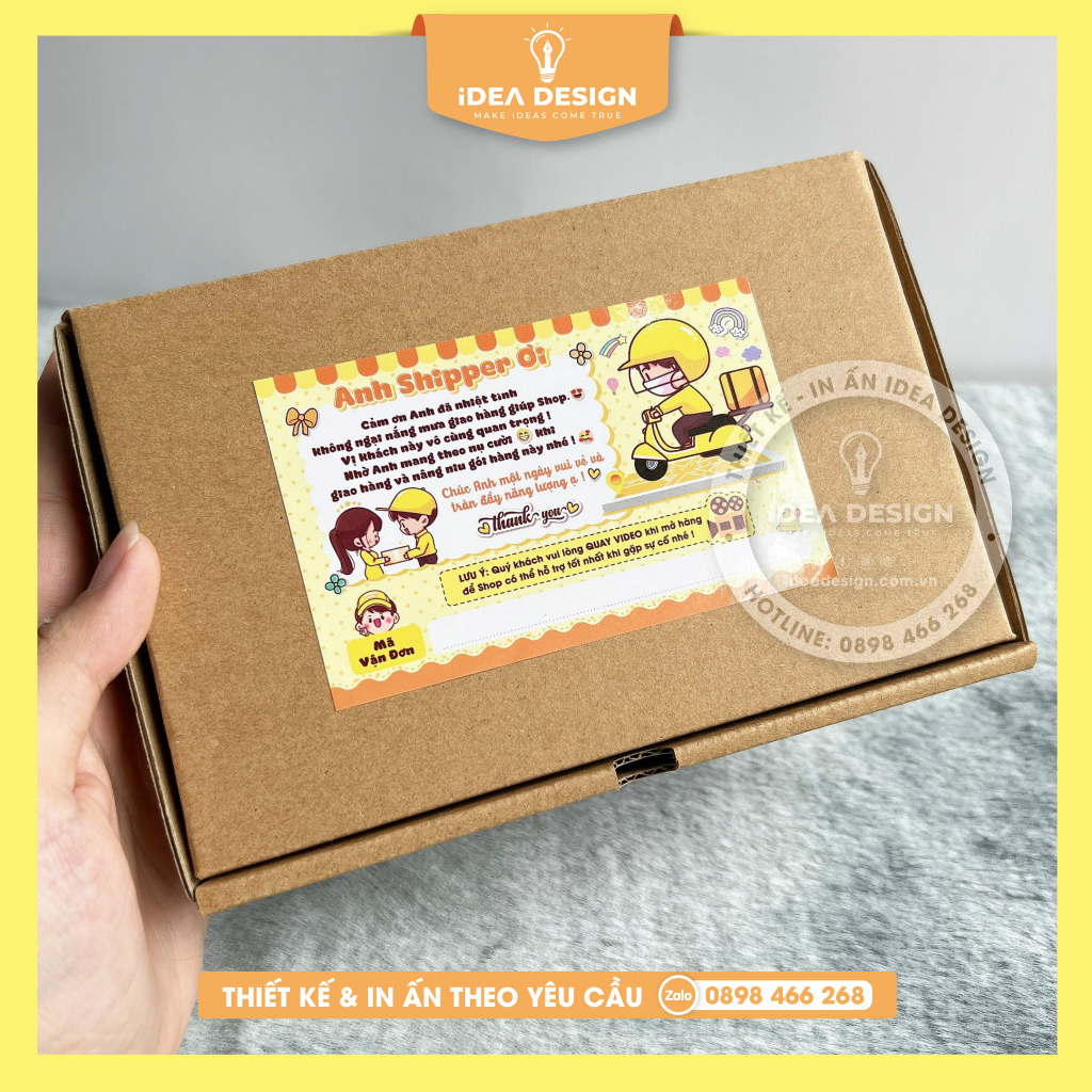 Tem nhãn Cám ơn Anh Shipper, Decal dán Anh shipper có chỗ ghi mã vận đơn - Size 10x7cm - Màu vàng dễ thương cán bóng