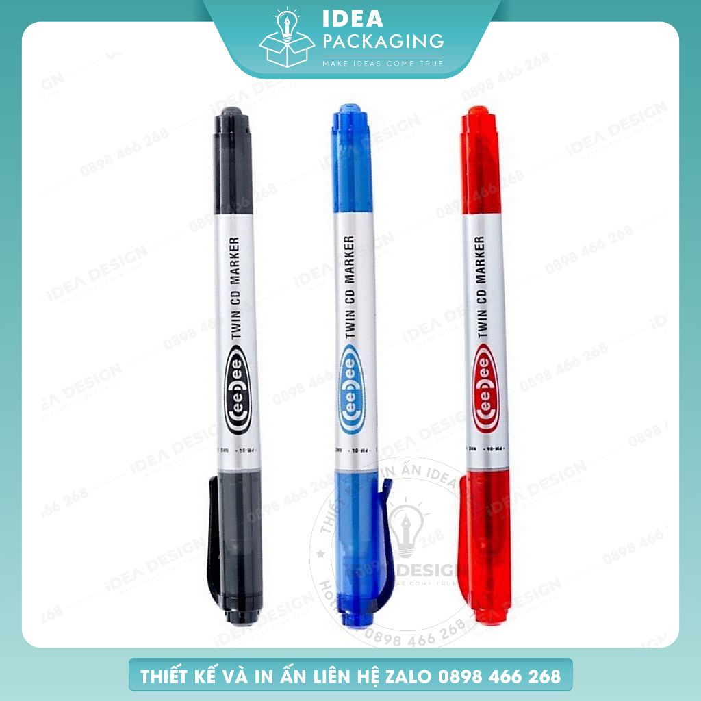 Bút lông dầu Thiên Long, bút dạ 2 đầu Ceedee, Ghi trên nhãn dán và Card cán màng, - 3 Màu Đen, Đỏ, Xanh dương