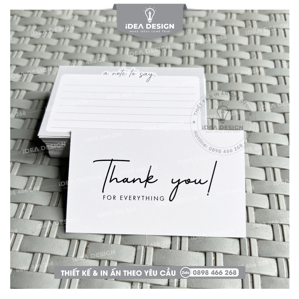 Thiệp cảm ơn tự ghi thông tin, thank you card màu trắng sang trọng - Size 9x5.4cm - Giấy C300 - cán màng mờ 2 mặt