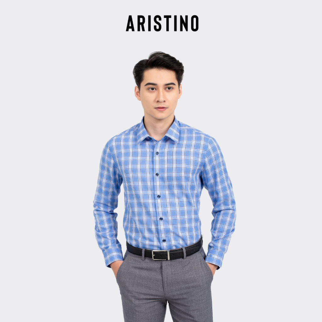 Áo sơ mi nam dài tay ARISTINO dáng Slim fit ôm vừa vặn, họa tiết kẻ ô trắng xanh lịch lãm - ALS34501