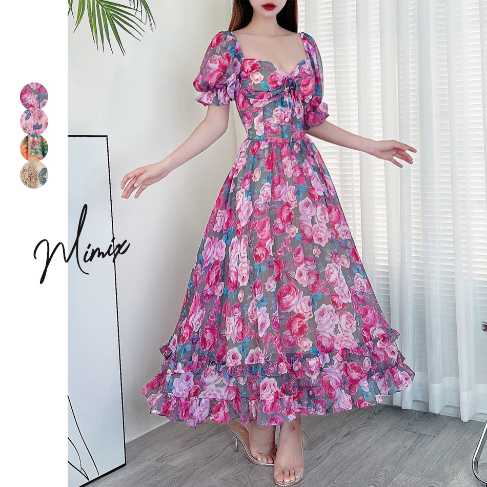 Đầm maxi tơ pha lê hoa dây nơ ngực tay lửng MIMIX CT7260