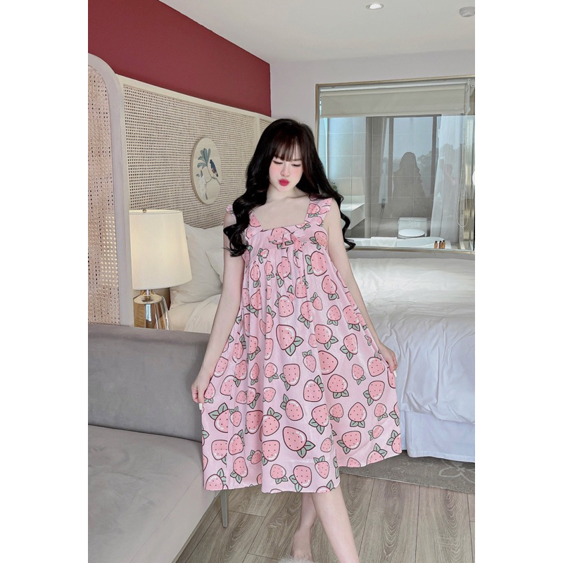 Váy ngủ 2 dây dễ thương, đầm mặc nhà chất lụa xước ánh kim mịn mát, free size dưới 65kg | BigBuy360 - bigbuy360.vn