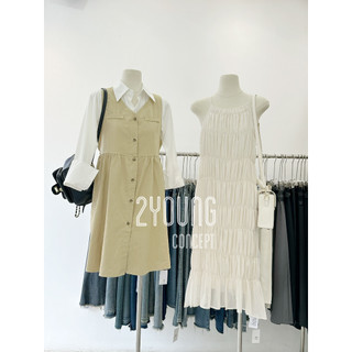 Đầm yếm vải nhún dáng dài kem [2YOUNG] D1143 (ảnh thật)