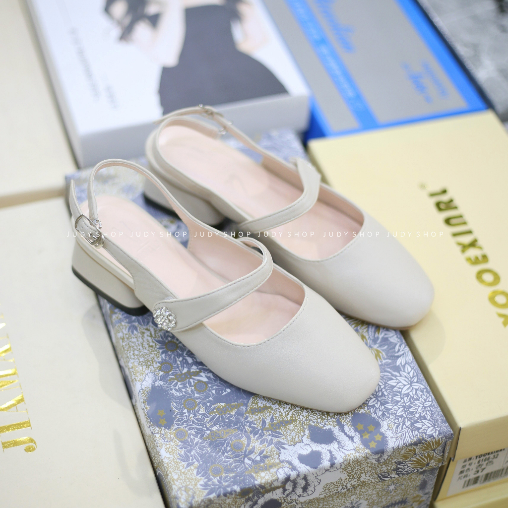 Giày Judy- Sandal Slingback Vimily Mũi Bầu Quai Ngang Hoa Đá 4p VNXK