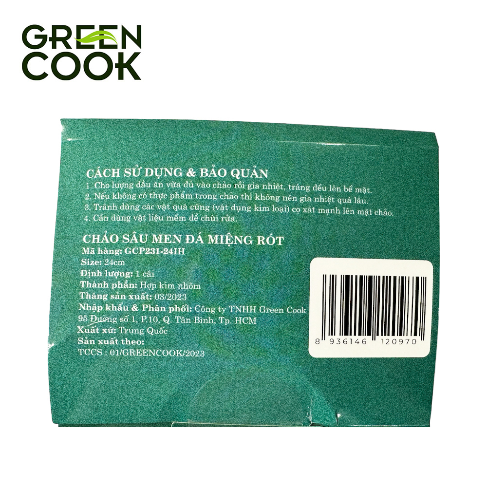 Chảo nhôm sâu men đá ceramic miệng rót Green Cook GCP231 màu xanh 10 lớp chống dính sử dụng được trên tất cả các loại bế