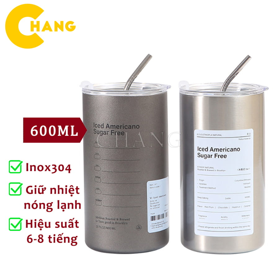 Cốc Giữ Nhiệt 600ml Hàng IN Có Kèm Ống Hút iNox(ICED AMERICANO SUGAR FREE) - HÀNG NEW HOT