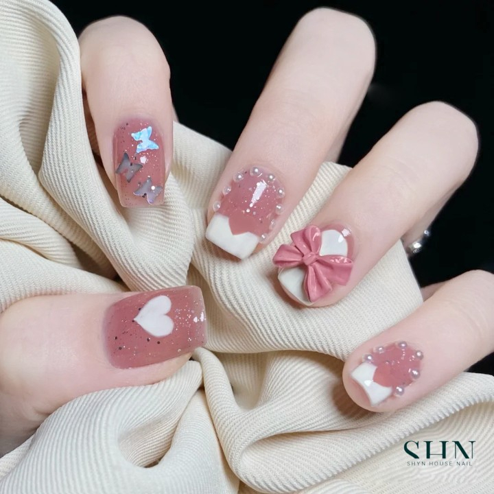 Bộ 24 móng tay giả đính nơ dáng ngắn vuông JP2187-B3, Nail giả xinh, Nail box đính đá
