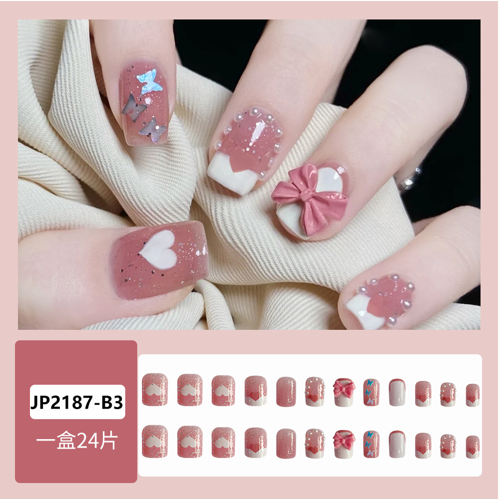 Bộ 24 móng tay giả đính nơ dáng ngắn vuông JP2187-B3, Nail giả xinh, Nail box đính đá