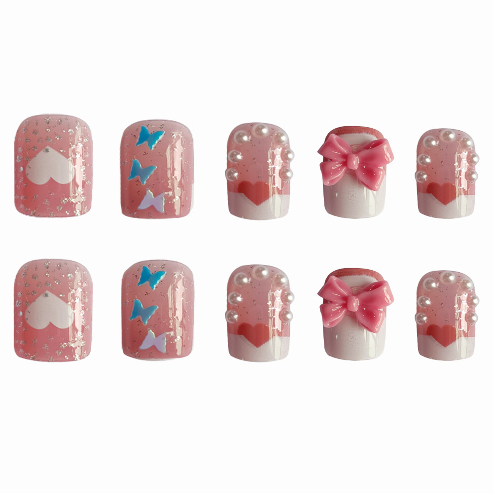 Bộ 24 móng tay giả đính nơ dáng ngắn vuông JP2187-B3, Nail giả xinh, Nail box đính đá