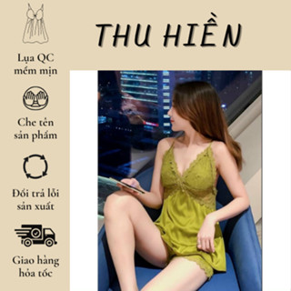 Đùi 2 dây lụa quảng châu - phối ren thêu xinh- bộ ngủ 2 dây lụa mềm kèm đệm mút