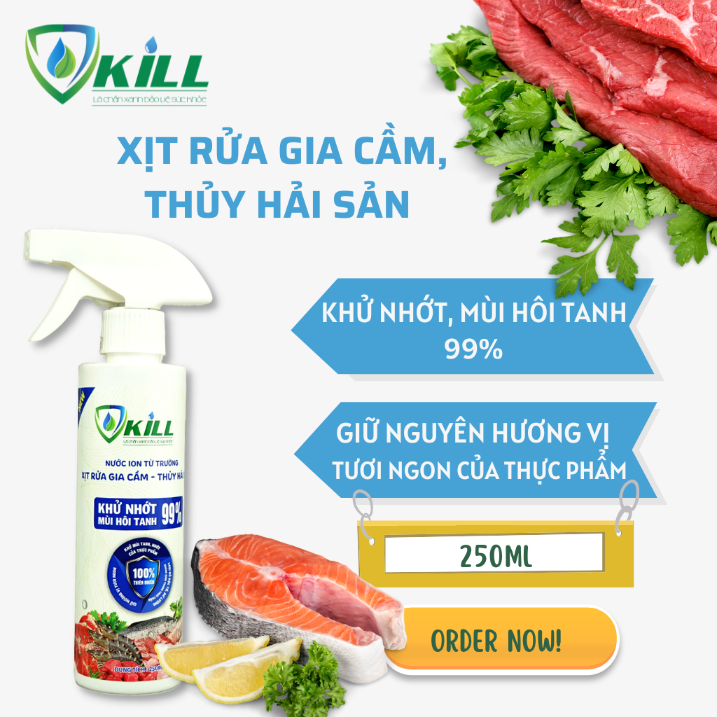 Nước rửa thịt cá thực phẩm tươi sống Vkill khử khuẩn nhanh loại bỏ dư lượng thuố.c trừ sâu 99,9% với ion từ trường