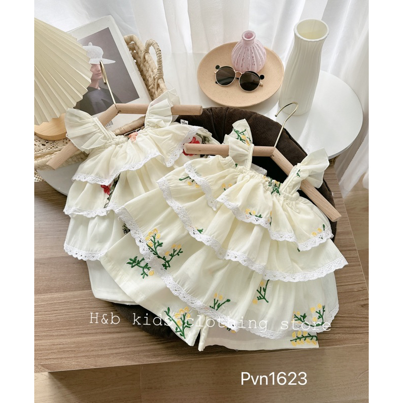 Set bộ bèo điệu thêu hoa bé gái siêu sang và mát SSK15 (9-19kg)