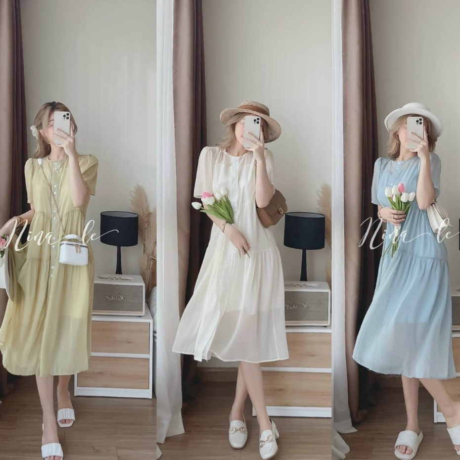 Đầm váy nữ dáng dài hai lớp cổ tròn tay ngắn cài nút dáng suông trẻ trung, xinh xắn nhẹ nhàng dành cho các nàng