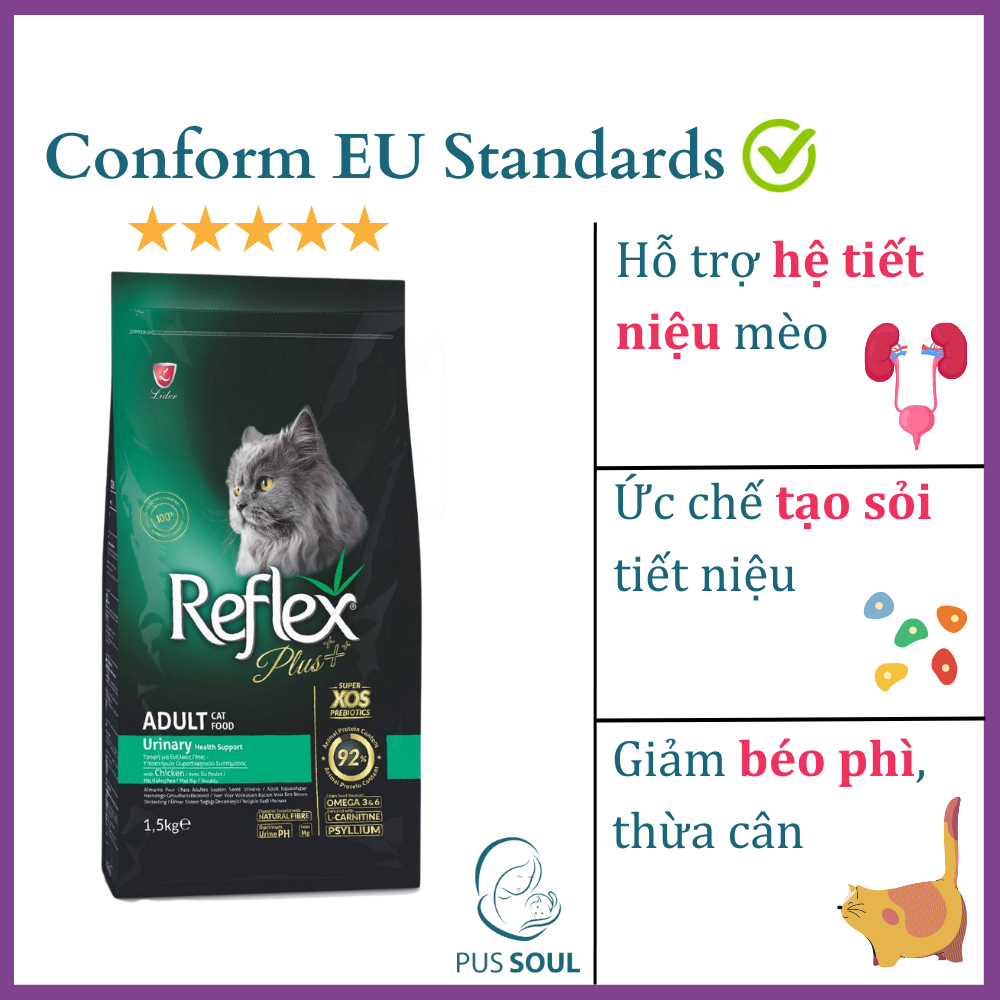 Hạt Reflex URINARY 1.5KG (mèo lớn) | Thức ăn cho mèo bị sỏi thận - Hỗ trợ điều trị sỏi thận mèo, bị tiểu rắt
