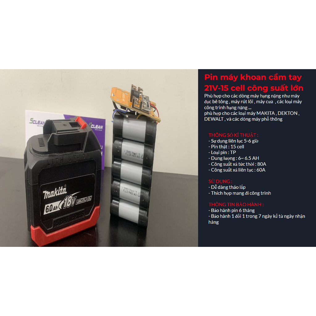 Pin Máy Khoan Cầm Tay Makita 21V-10 cell và 21V-15 cell Công suất lớn hàng chính hãng Bảo hành 6 tháng