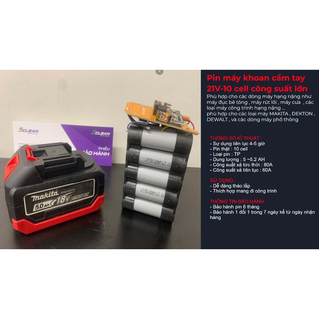 Pin Máy Khoan Cầm Tay Makita 21V-10 cell và 21V-15 cell Công suất lớn hàng chính hãng Bảo hành 6 tháng