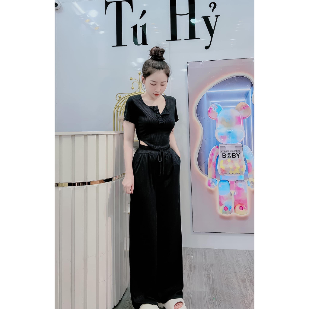 Set bộ áo thun tay ngắn cổ tròn đính nút vạt bầu croprop phối quần dài ống suông, bộ dồ thun trơn quần rộng thoải máimtb