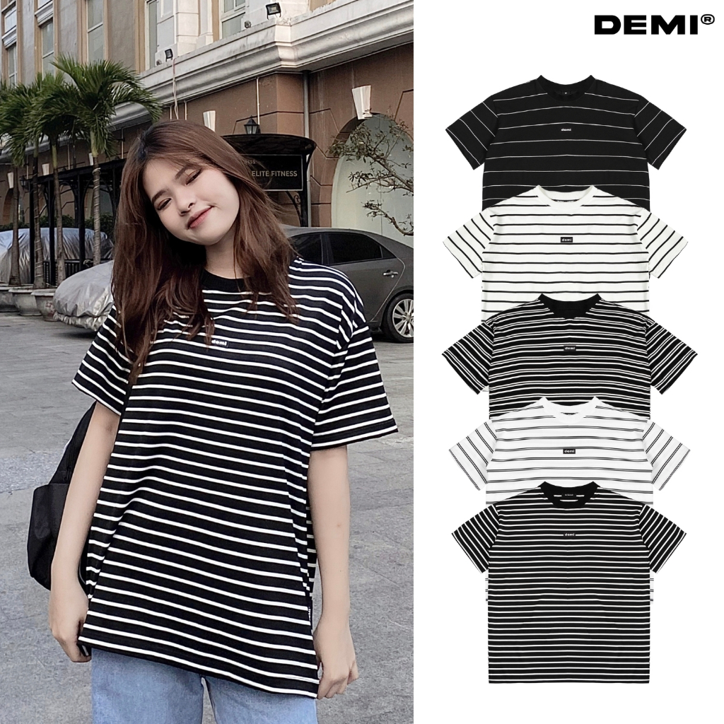 Áo thun local brand giá rẻ, áo thun nam nữ form rộng kẻ sọc đen, trắng local brand DEMI | DE-T52