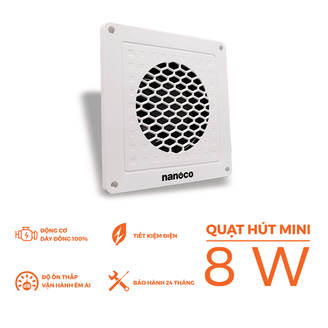Quạt hút mùi MINI Siêu Mỏng Nanoco, âm trần và âm tường, lỗ khoét 14x14, 8W, Mã: NMV1421, bảo hành 2 năm