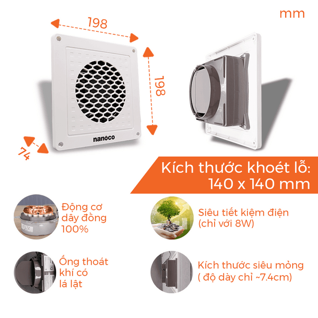 Quạt hút mùi MINI Siêu Mỏng Nanoco, âm trần và âm tường, lỗ khoét 14x14, 8W, Mã: NMV1421, bảo hành 2 năm