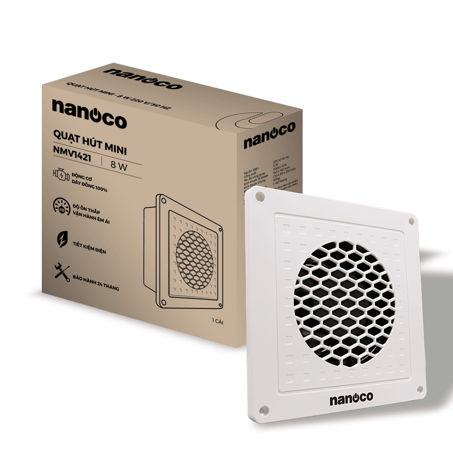 Quạt hút mùi MINI Siêu Mỏng Nanoco, âm trần và âm tường, lỗ khoét 14x14, 8W, Mã: NMV1421, bảo hành 2 năm
