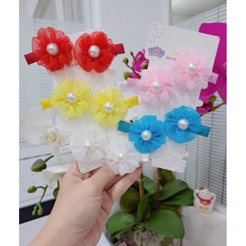 Kẹp tóc mái hoa voan đính ngọc cho bé (cặp)